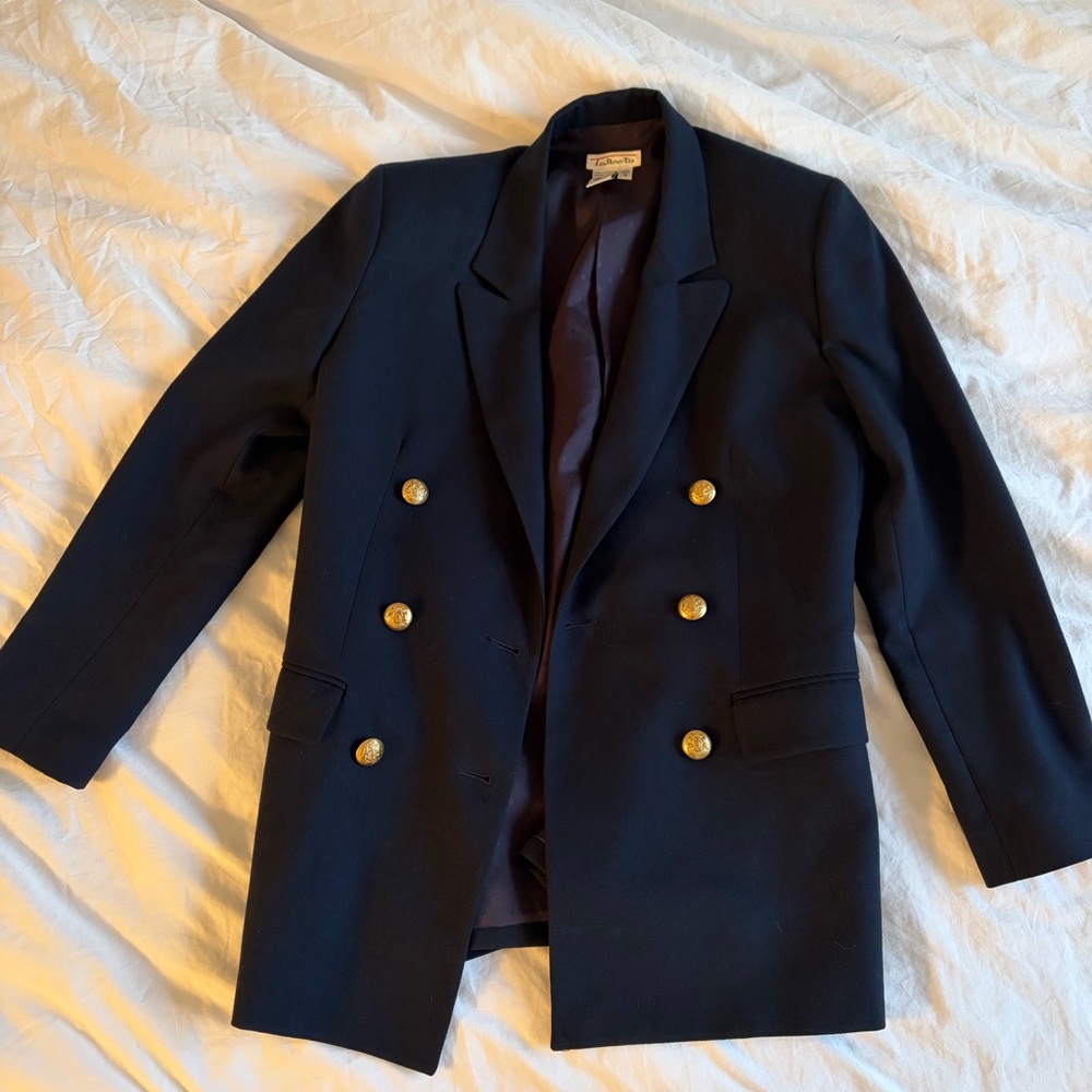 Talbots Blazer Womens 4 Navy Blue 100% Wool Double Breasted Lined Gold Buttons - Picture 2 of 5